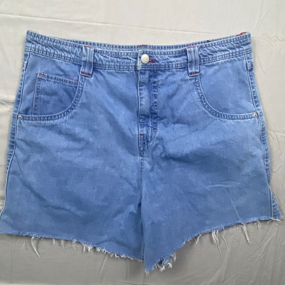 A-Lab Womens Y2K Denim Shorts Size 38 Blue Raw Hem Rave Skater Graphic Patch